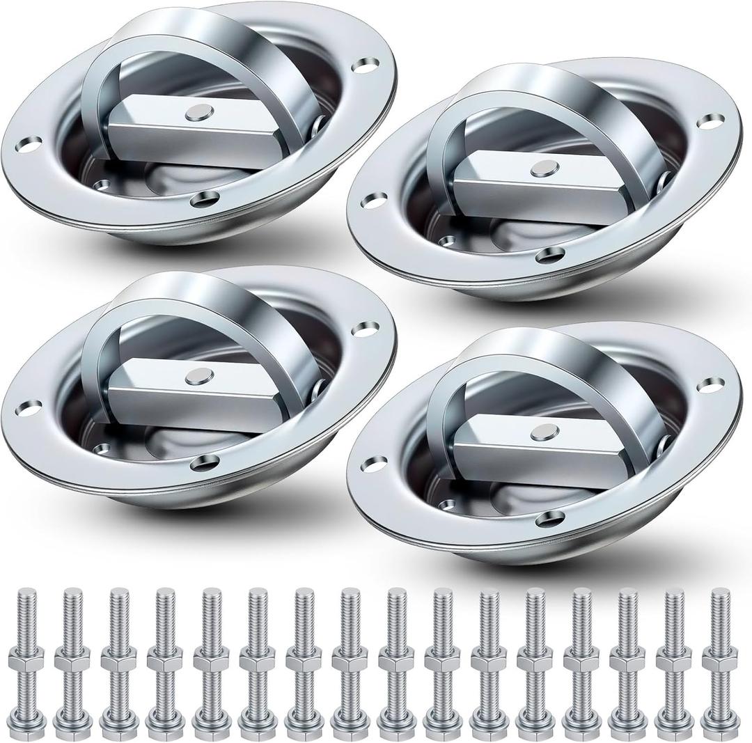 4 Pack 6-1/4" Dia Rotating Recessed D-Ring Heavy Duty Tie-Down Anchor Swivels 360 Degrees Wll 1, 800 Lbs to Secure Cargo in Semis, Trailers, Flatbeds, with Installation Accessories