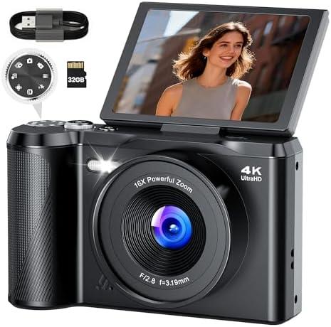 Digital Camera 4K for Photography Vlogging: 56MP Cameras with Mode Dial for Video - 16X Zoom Photo Camera Gifts for Teens Ages 8-16 - 180°Flip Screen Compact Cámara - Point and Shoot Digital Cameras