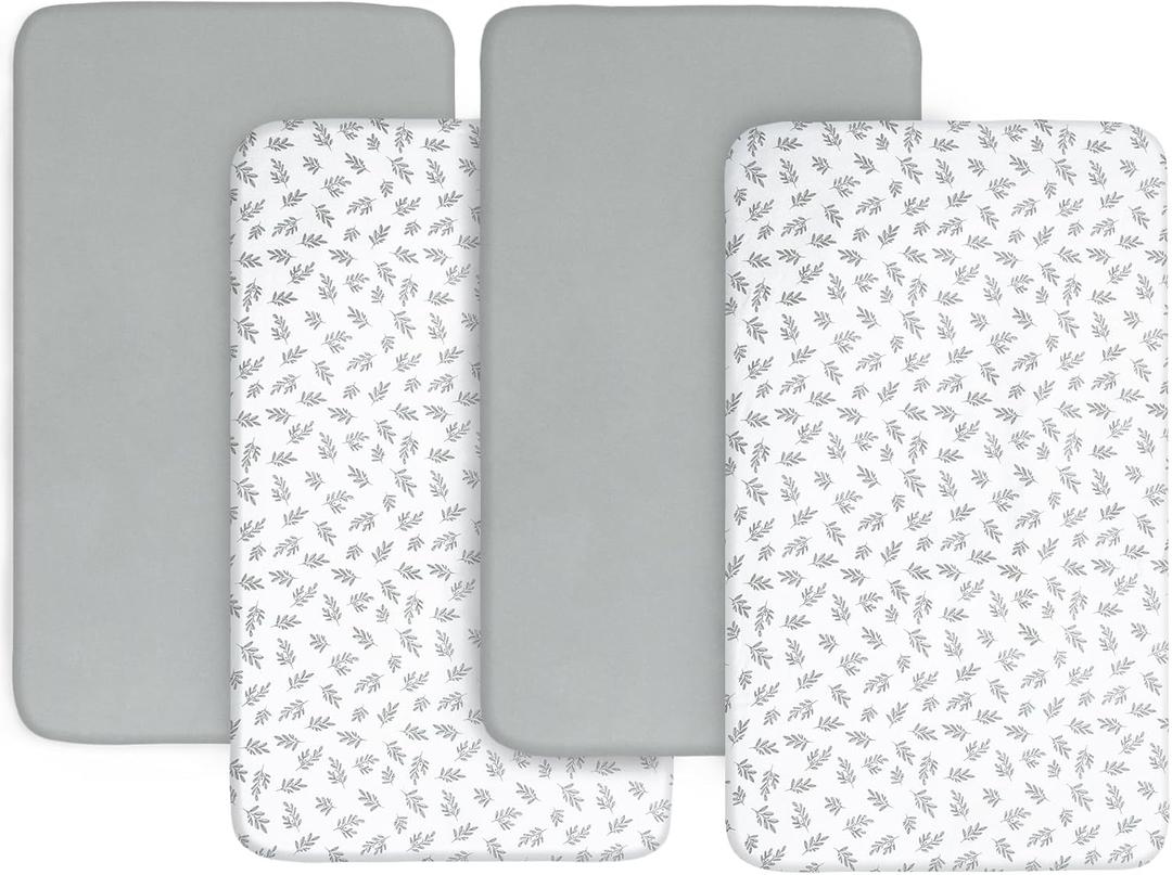 Baby Bassinet Sheets 4 Pack Compatible with 33" x 20" Mika Micky, Baby Delight, AMKE and Other Rectangle Bassinet Mattress, Ultra Soft & Skin Friendly, Washer & Dryer, Grey Leaf