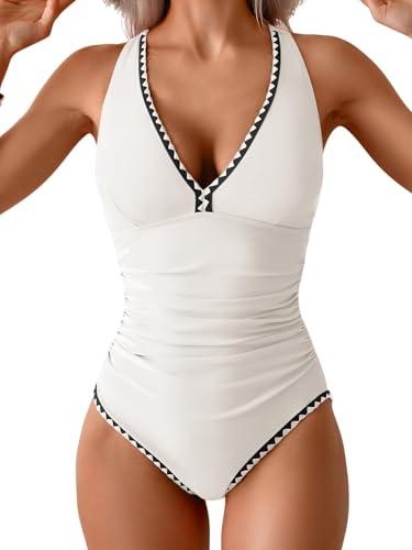 B2prity One Piece Swimsuit for Women Tummy Control Ruched Bathing Suit Push Up Tie Back Swimwear Shell Stitched White, Black, Size L
