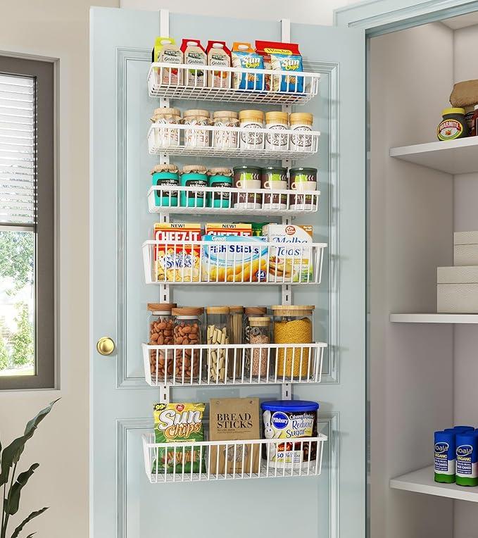 Mefirt Over The Door Pantry Organizer, Pantry Organization and Storage, 6Tier Deep Baskets Hanging HeavyDuty Metal, Wall Spice Rack Seasoning Shelves for Home & Kitchen, Laundry Room Bathroom, White
