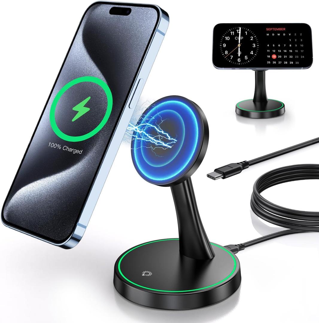 Magnetic Wireless Charger Stand 15W Fast Mag-Safe Charger for iPhone 16/16 Pro/16 Plus/16 Pro Max/15/14/13/12 Series Magnet Wireless Charging Station/Pad with Sleep-Friendly Light for AirPods (Black)