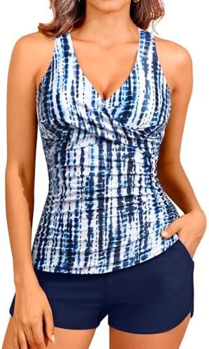 Women Tankini Swimsuits with Shorts - Two Piece Tummy Control Bathing Suits Top with Two Pockets Bottom Swimwear M