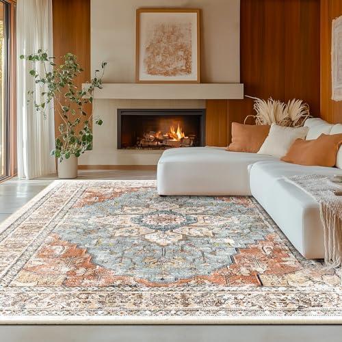 BESTSWEETIE 8x10 Area Rug Washable Rugs for Living Room, No Pile Boho Carpet for Entryway Bedroom Dinning Room, Vintage Carpet Print Distressed Non-Slip, 8 x 10 ft, Green Brick Rust Red