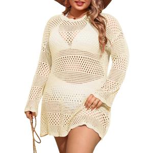 Beautife Womens Plus Size Swimsuit Cover Up Crochet Long Sleeve Mesh Knit Crew Neck Beach Coverup Dress (Beige)