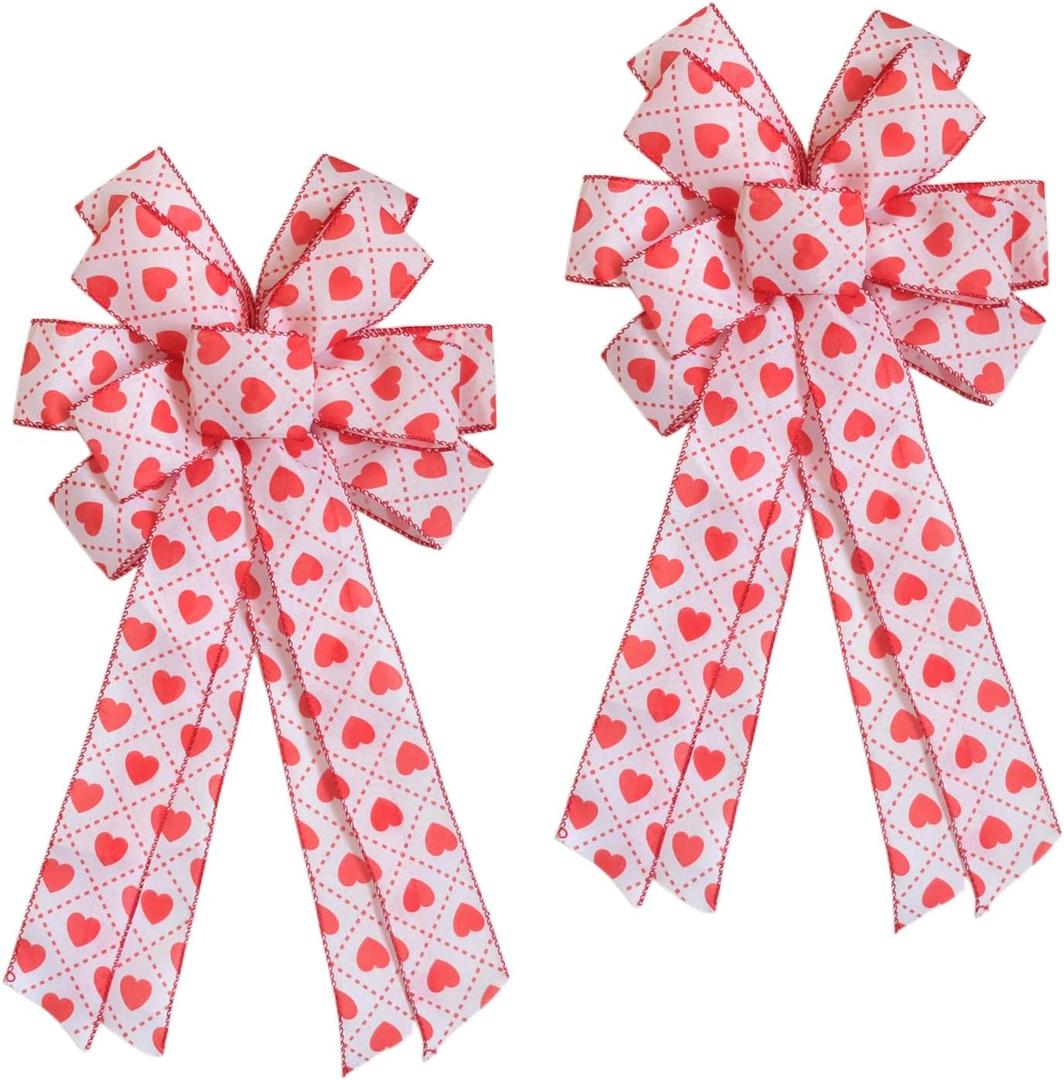 2 Pcs Valentine's Day Bows, 20x11 Inch Red White Heart Bows for Wedding Anniversary Home Wall Staircase Chair Back Decor, Valentine's Day Gift Wreath DIY Decoration