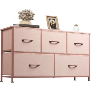 WLIVE Dresser for Bedroom with 5 Drawers, Wide Chest of Drawers, Fabric Dresser, Storage Organization Unit with Fabric Bins for Closet, Living Room, Hallway, Pink and Rose Gold (11.81"D x 39.37"W x 21.65"H)