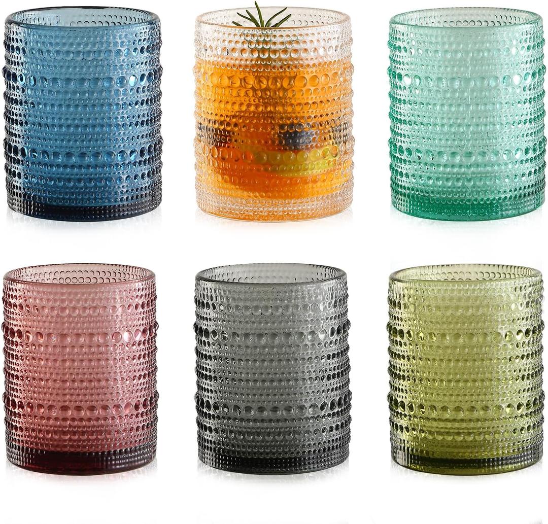 KMIGRUAN Colored Hobnail Drinking Glasses Set of 6,12oz Vintage Kitchen Glassware,Embossed Beaded Glass Cups,Water Tumbler for Cocktail,Juice and Various Mixed Drinks