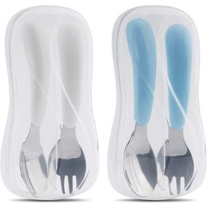 Kirecoo 2 Set Toddler Utensils, Toddler Forks and Spoons, Stainless Steel kids Silverware Set, Designed for Self Feeding Flatware Utensils with Travel Carrying Cases BPA Free (White & Aqua)