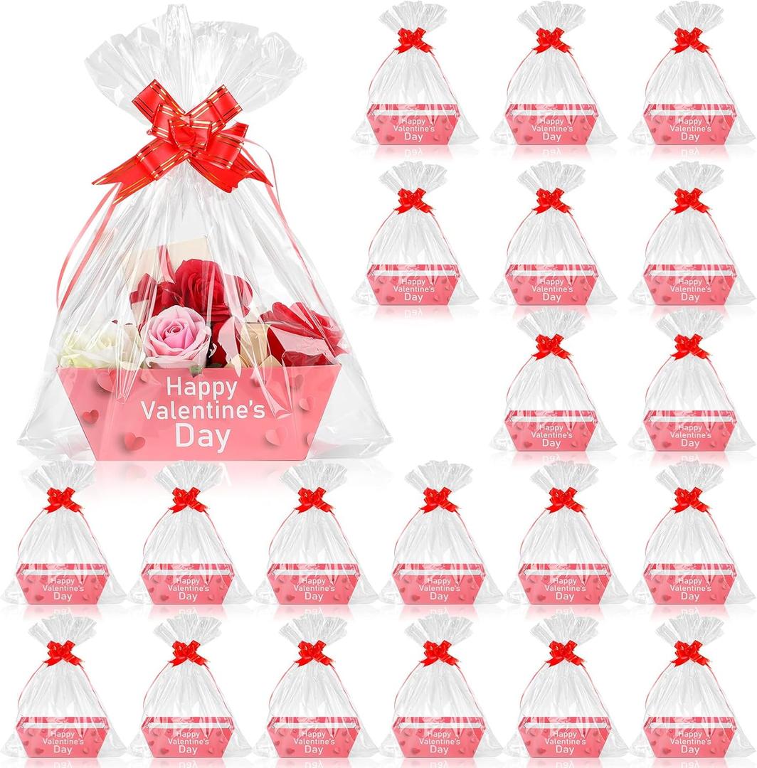 Kosiz 54 Pcs Valentines Day Baskets Gifts Empty Includes 18 Pack Valentines Empty Market Tray Cardboard Basket Clear Cellophane Bags Gift Tags Pull Bows for Holiday Birthday Party Supplies