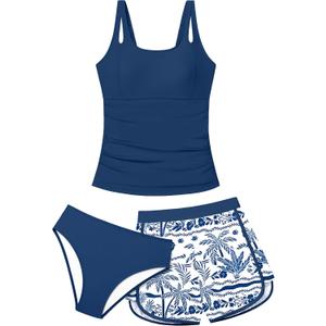 Girls Tankini Swimsuit 3 Piece Bathing Suits for Girl Square Collar Tankinis Set Girls' Swimwear with Print Shorts