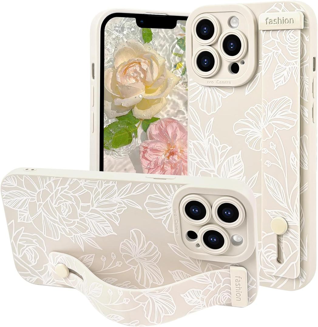 NITITOP Compatible with iPhone 13 Pro Max Case Cute Rose Floral Flower for Women Girls with Wrist Adjustable Hand Strap Kickstand Grip Holder Soft TPU Slim Protection Phone Cover - White