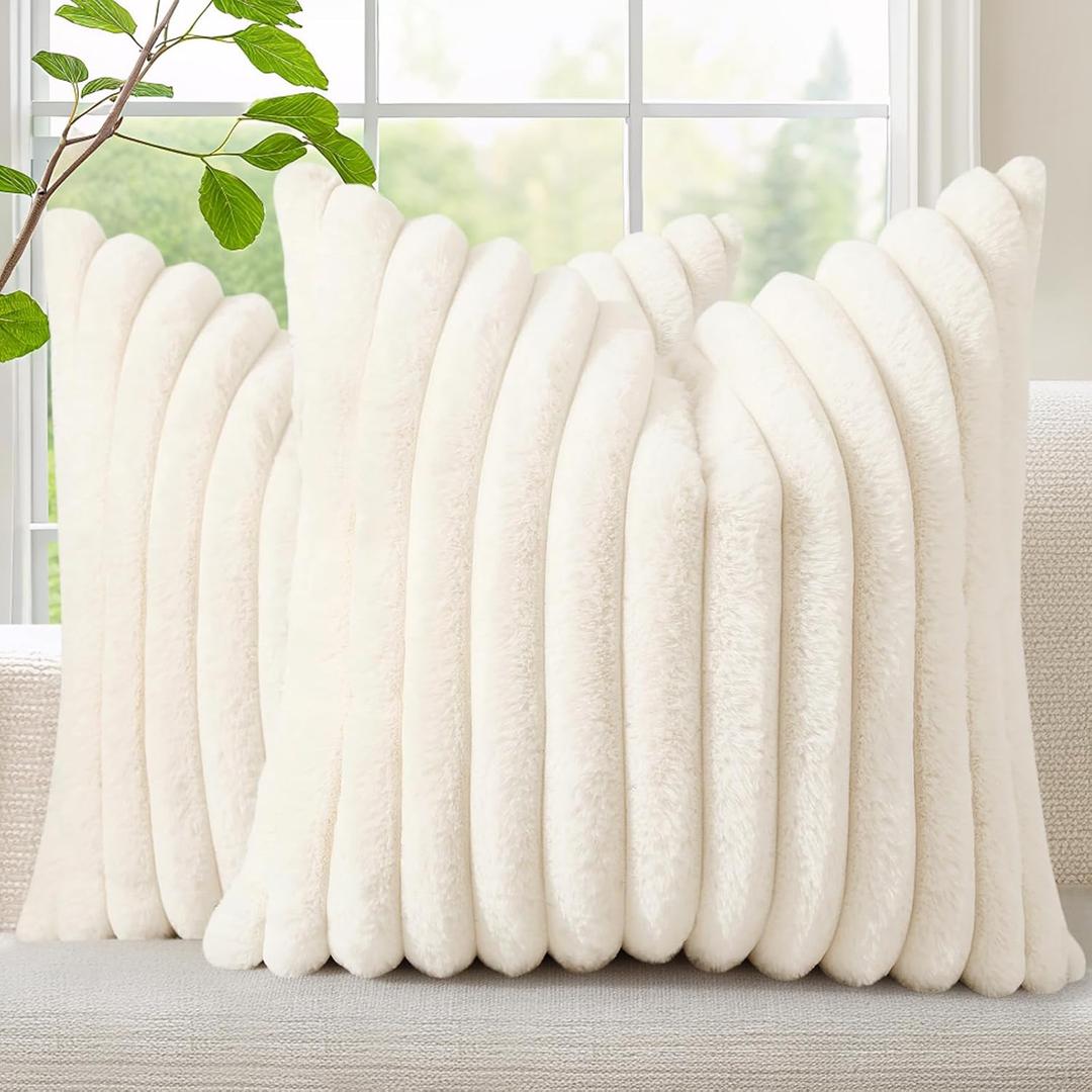 decorUhome Faux Fur Spring Throw Pillow Covers 24x24 Set of 2, Decorative Soft Plush Striped Neutral Couch Euro Sham Pillow Covers with Velvet Back for Sofa, Bed, Living Room Home, Cream White