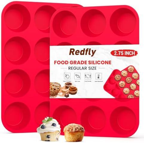 Redfly 2 Pack Silicone Muffin Pan & Cupcake Pans for Baking - 12 Cup Regular Size BPA Free Egg Bites Molds