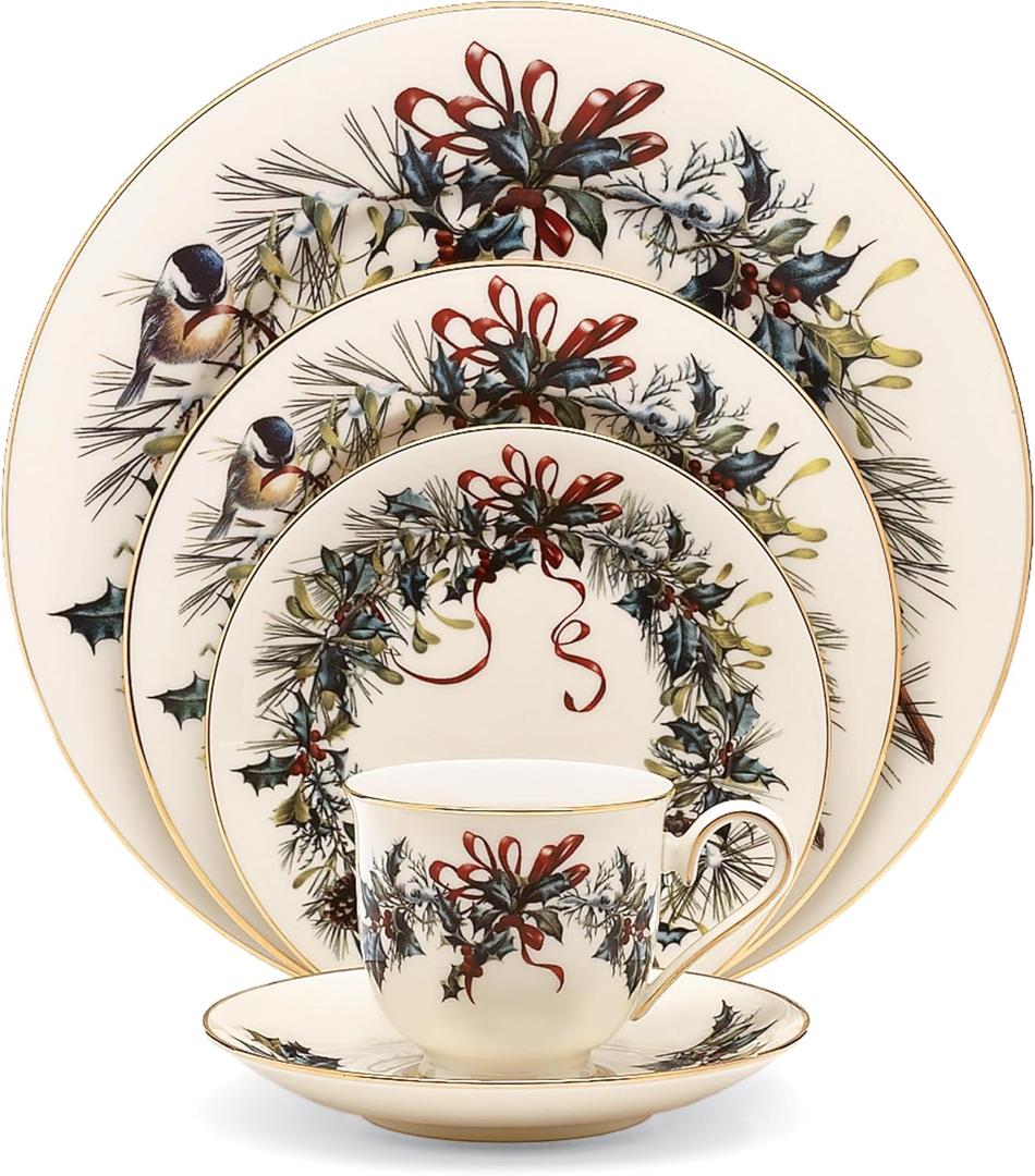 Lenox 185591602 Winter Greetings, Ivory Bone China, 5-Piece Place Setting, Christmas Dinnerware Set, Holiday Hosting