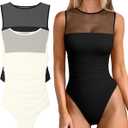OQQ Women 2 Piece Bodysuit Mesh Ruched Sleeveless Turtle Neck Shapewear Body Suits One Piece Leotard Shirt Going Out Tops (Medium, Black,Beige)