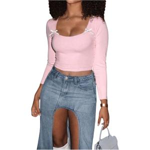 WDIRARA Women's Square Neck Bow T Shirt Long Sleeve Tee Going Out Top T-Shirts (Large, Pink)