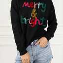 LEMAFER Women 2026 Merry Christmas Round Neck Sequin Letters Sweater Casual Solid Slogan Long Sleeve Pullover Sweatshirt Tops (Black, S)