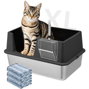 Stainless Steel Litter Box with Lid, 23.5" L x 15.8" W x 12.6" H, XL Metal Cat Box for Big Cats, High Sided Kitty Litter Box with Scoop & Pee Pads, Non-Sticky, Anti-Leakage, Easy to Clean (Black)