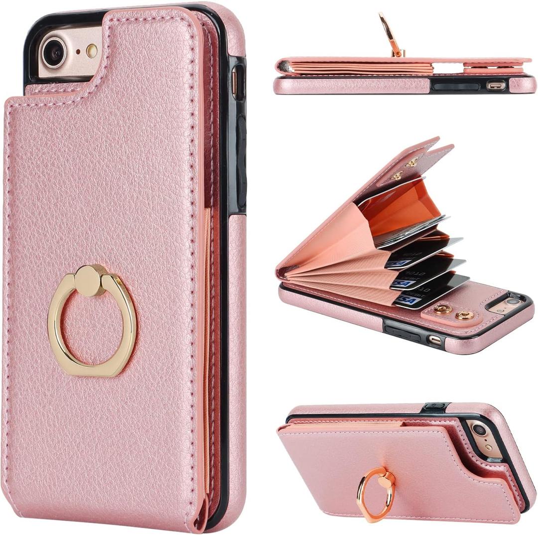 Folosu for iPhone SE(2022) iPhone SE(2020) iPhone 7/8 Wallet Case with Card Holder, 360Rotation Ring Holder Kickstand Protective RFID Blocking PU Leather Flip Shockproof 4.7 Inch Rose Gold