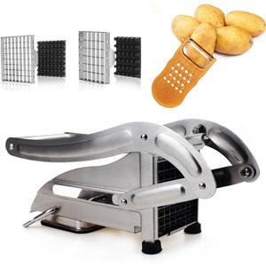 Stainless Steel French Fry Cutter, 2 Blade Sizes No-Slip Suction Base with 1 Peeler, Perfect for Potatoes, French Fries, Cucumber,Vegetables Carrot (silvery)