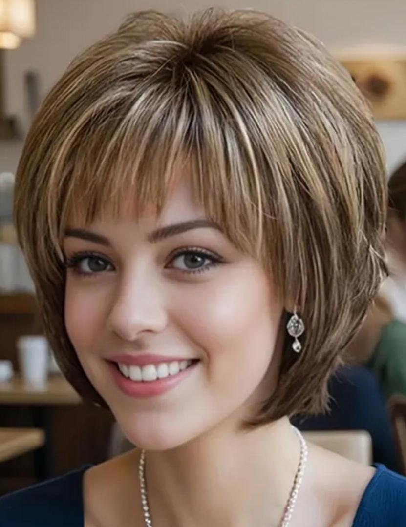 TISHINING Brown Short Hair Wigs for White Women Brown Mix Blonde Pixie Cut Wig with Bangs Brown with Blonde Highlights Straight Synthetic Natural Looking Daily Party Wig