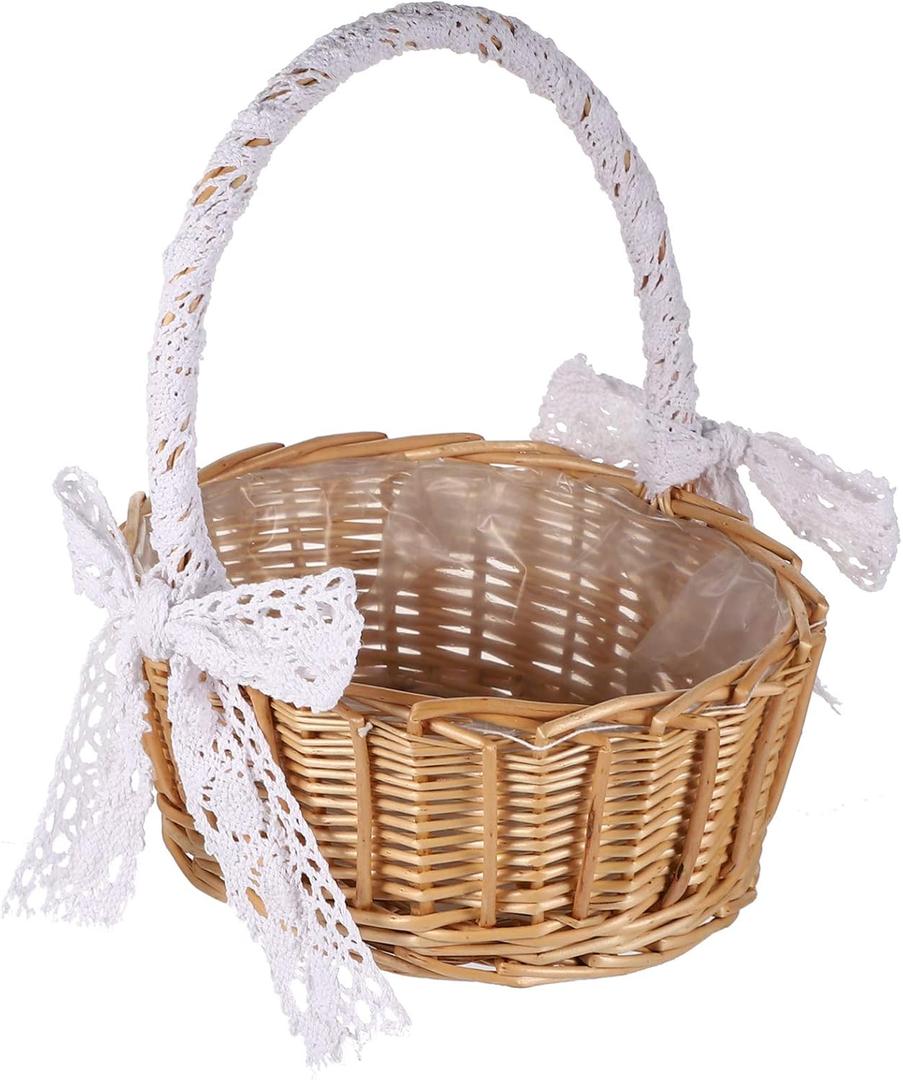Cabilock 11-Inch Woven Flower Girl Basket with Lace Handle Rustic Handmade Wedding Basket for Ceremonies Vintage Boho Flower Arrangement & Home Storage (28x20cm)
