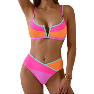 SOLY HUX Women's Color Block Bikini Set Spaghetti Strap V Wired Bathing Suit Summer Two Piece Swimsuit (Large, Multicoloured)