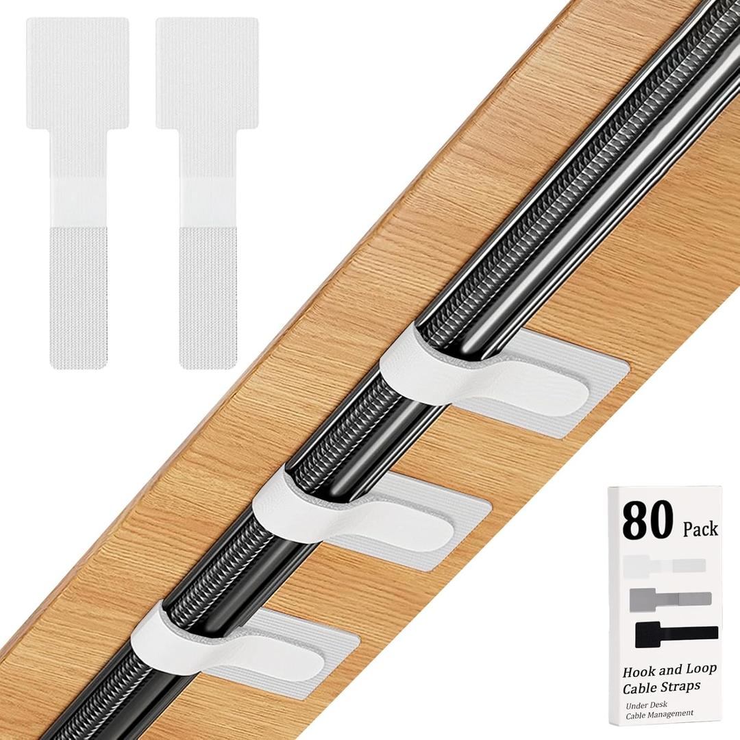 80PCS Hook and Loop Cable Straps, Cable Management Under Desk, Self Adhesive Cable Ties, Reusable Wire Organizers for Cords, Adjustable Cord Organizers for Desk, Home Office Essentials, White