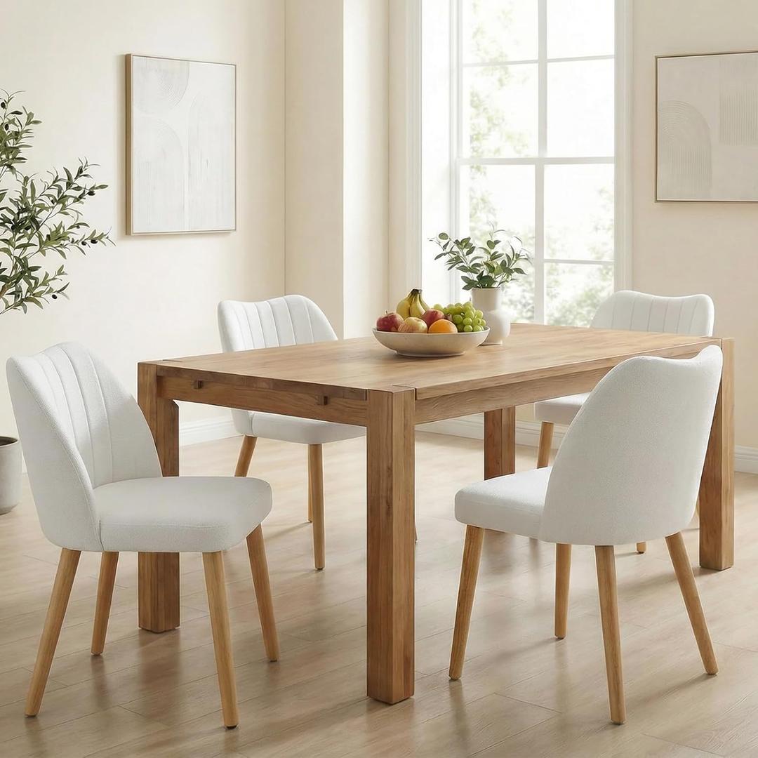Wooden Dining Chairs Set of 4, Fabric Upholstered Modern Dining Room Chairs with Thick Seat Cushion & Cozy Backrest Dining Room Chairs with Wood Legs for Kitchen/Living Room/Restaurant, White