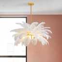 NZV Modern White Feather Chandelier Dining Room 24in Luxury Ostrich Feathers Chandeliers Light Fixture Nordic Pendant Lights Romantic Hanging Ceiling Lighting for Kitchen Island Living Room Girls Room, D23.6IN
