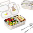 Stainless Steel Bento Lunch Box for Kids, 26.4 oz Leak-Proof 3-Compartment Metal Bento Box, BPA-Free, Cute Cartoon Meal Prep Snack Container with Utensils for School, Office, Travel - Beige