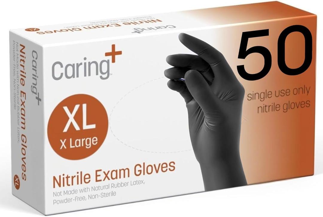 Caring Black Nitrile Exam Gloves, 50 Count, Powder Free and Not Made with Rubber Latex, for Medical Use, Cleaning, Food Prep