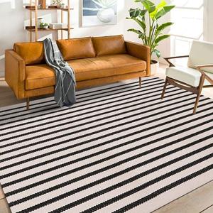 LEEVAN Outdoor Rug 4x6 ft Black and White Striped Patio Rugs, Washable Woven Cotton Boho Living Room Rug Farmhouse Collection Large Floor Carpet for Courtyard/Bedroom