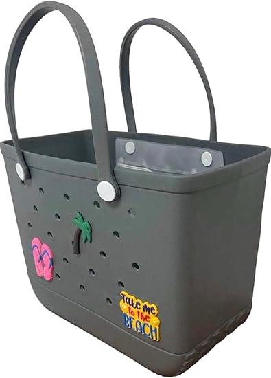XL Waterproof Rubber Tote Beach Bag with Drainage Holes - Stylish Sandproof Carry-All with Decorative Charms for Pool & Lake