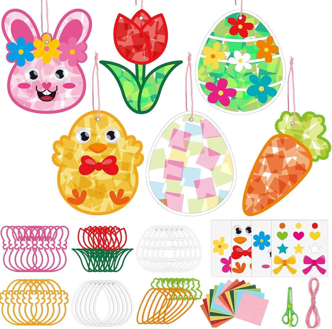 Feifeiya 24 Pack Easter Suncatcher Craft Kit Easter Window Art Kit Bunny Carrot Egg Crafts Window DIY Tissue Paper Suncatcher Decoration Ornament for Classroom Art Party Favor Supplies