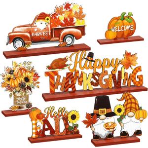 Blosssound 6 Pcs Fall Table Decorations Wooden Thanksgiving Table Signs Hello Fall Truck Gnomes Pumpkin Sunflower Centerpieces for Autumn Harvest Happy Thanksgiving Party Decor Supplies Gifts