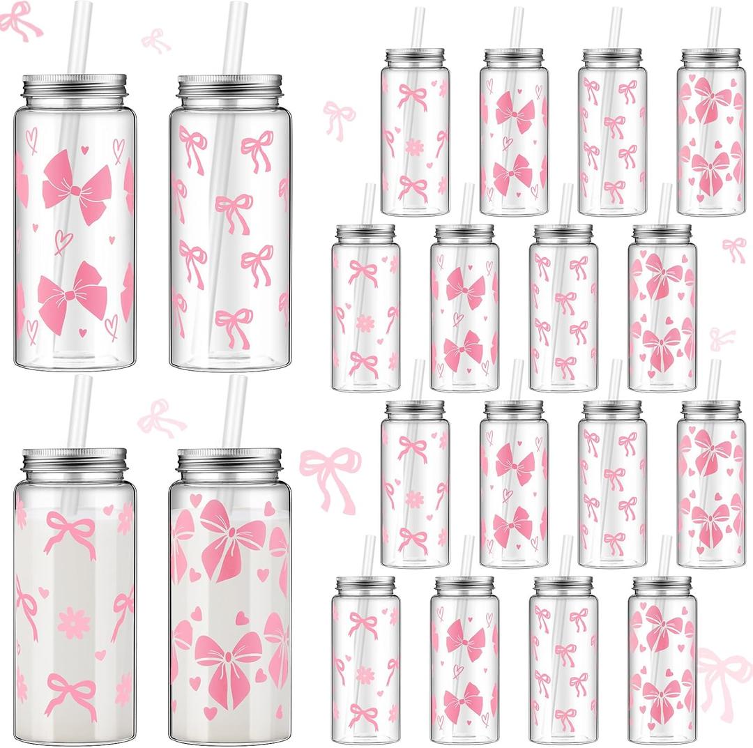 24 Pcs Coquette Bow Aesthetic Cup Pink Bow Plastic Tumbler with Lids and Straws Reusable Cute Plastic Cups for Women Birthday Bridal Shower Wedding Party Supplies(400ml,13.5oz)