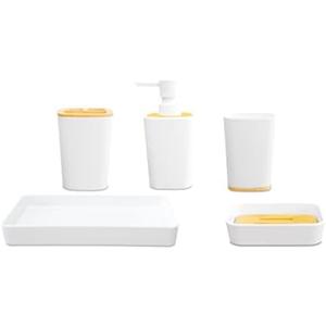 Lutong Classic 5-pcs Bathroom Accessories Set -Bathroom Toothbrush Holder, Lotion Soap Dispenser, Soap Dish, Tumbler Cup, Toilet Brush and Holder, Modern Bathroom Decor Vanity Organizer, Matte White
