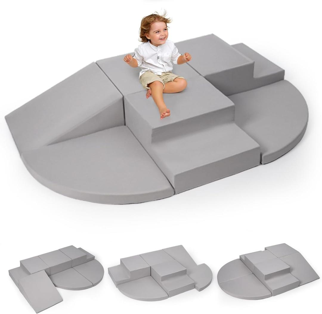 6-Piece Foam Climbing Blocks for Toddlers, Baby Climb and Crawl Soft Foam Play Set, Machine Washable Cover, Indoor Activity Play Structures, Climbing Toys for Toddlers 1-3 (Gray)