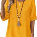 Kistore Women's Embroidered Blouses Short Sleeve Lace Trim Crew Neck Tops (M)