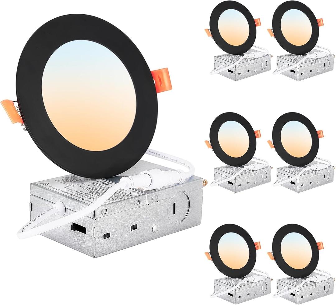DLLT LED Recessed Ceiling Light: 6 Pack 4 Inch Black Slim Recessed Lighting for Kitchen - 5CCT Dimmable Canless Wafer Downlight for Living Room - 900LM Brightness 6W LED Can Lights for Bedroom ETL FCC