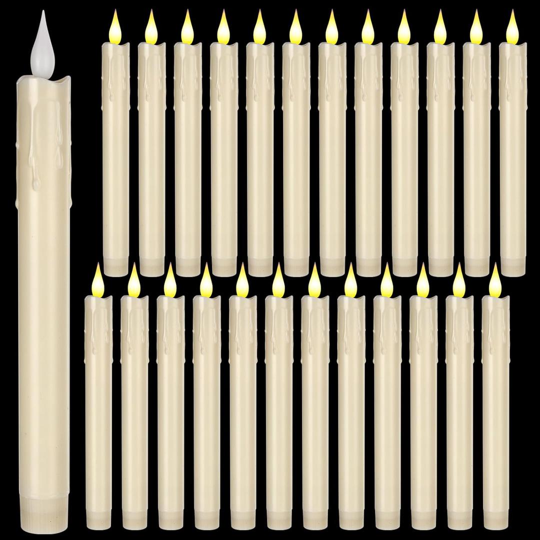 Baquler 24 Pcs 8.8 Inch Ivory Flameless Taper Candles LED Candle Sticks Battery Operated Flickering LED Candlestick Window Plastic Candle for Wedding Halloween Christmas Decor(No Battery)