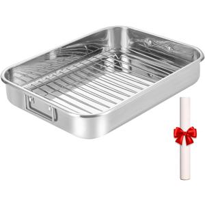 Stainless Steel Roaster with Flat Rack & Parchment Paper, 16.2 x 12.2 x 3 inches - Ideal Roasting Pan for Whole Turkey, Roasts, or Multiple Sides