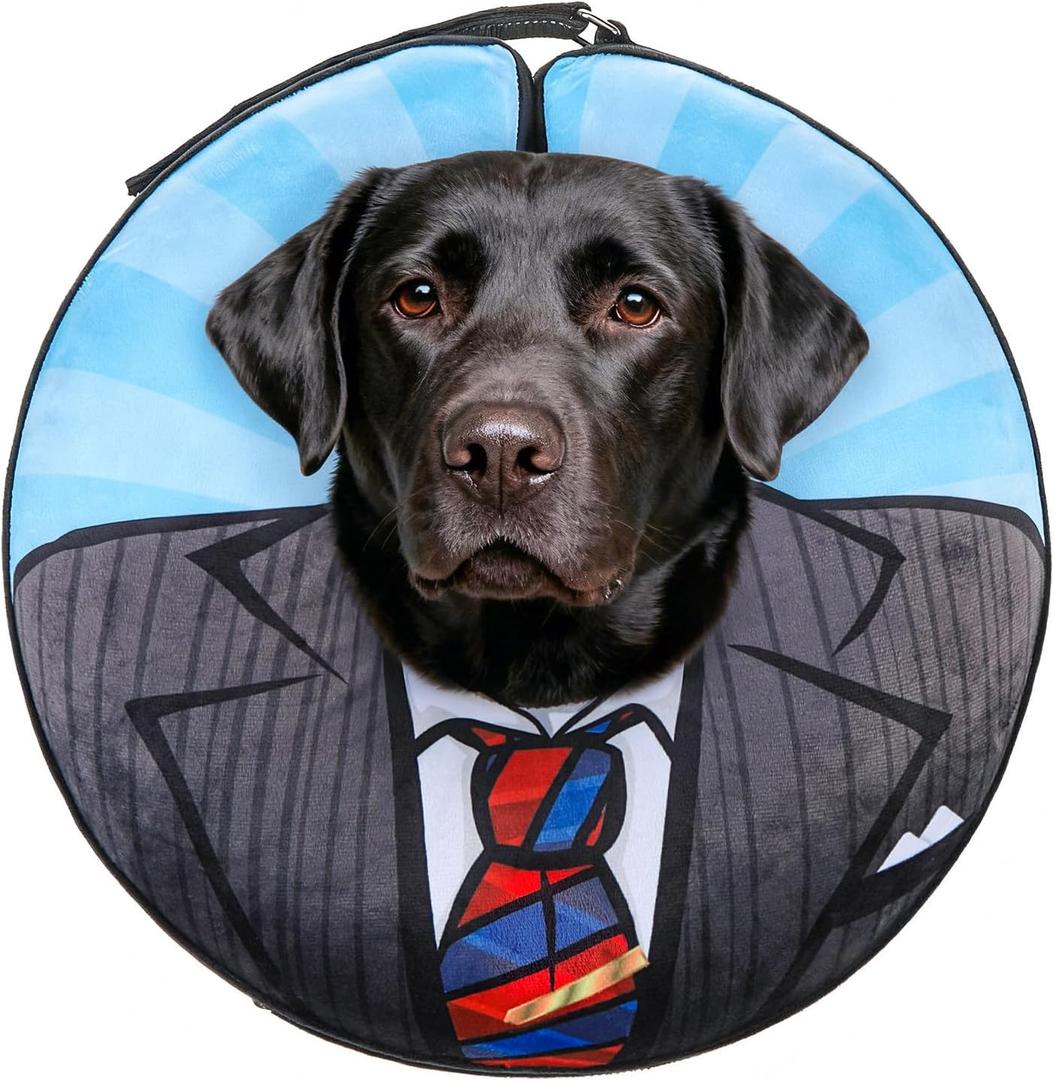 SCENEREAL Dog Cone Alternative After Surgery Pet Recovery Collar for Dogs Cats, Adjustable Inflatable Donut to Prevent Licking, Black Suit Print E-Collars (XL(Neck 18"-21"))
