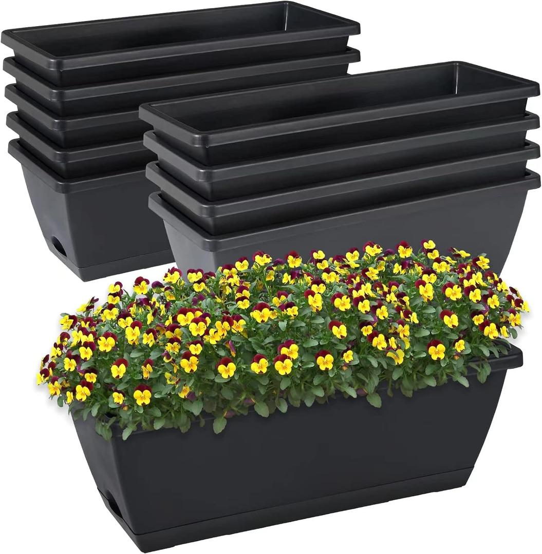 Window Box Planter, 10 Pack Plastic Vegetable Flower Planters Boxes 17 Inches Rectangular Flower Pots with Saucers for Indoor Outdoor Garden, Patio, Home Decor (Black) Window Box Planter, 10 Pack Plastic Vegetable Flower Planters Boxes 17 Inches Rectangular Flower Pots with Saucers for Indoor Outdoor Garden, Patio, Home Decor (Black)