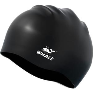 WHALE Extra Large Swim Cap for Women Men, Durable Silicone Swimming Hat with Ear Protection, Unisex Adults Bath Swimming Caps for Long Thick Curly Hair & Dreadlocks Braids Weaves Afro Hair (Black)