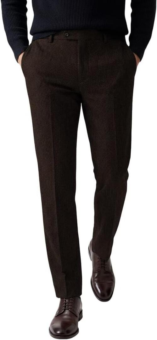 Ceehuteey Men's Retro Dress Suit Pants Thick Wool Flat Front Herringbone Tweed Trousers (38W x 30L, Coffee)