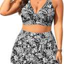 Women's Plus Size High Waisted Bikini - Two Piece Swimsuit with Skirt 2025 Tummy Control Bathing Suit with Pocket, Black Floral, 22W