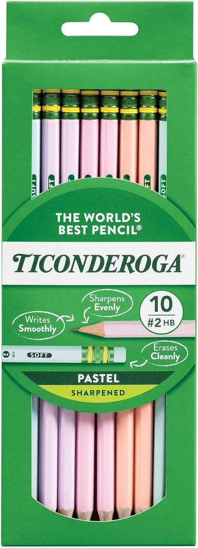 Ticonderoga Pastel Pencils, #2 Soft, Assorted Colors, Pack of 10 Pencils